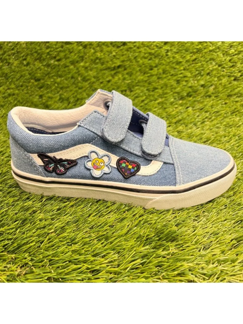 Vans Old Skool V Boys Size 2.5Y Denim Blue White Athletic Skate Shoes Sneakers